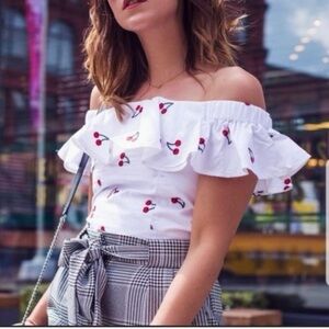 White Embroidered Off-Shoulder Cherry Top